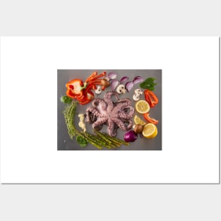 Fresh octopus and vegetables Posters and Art